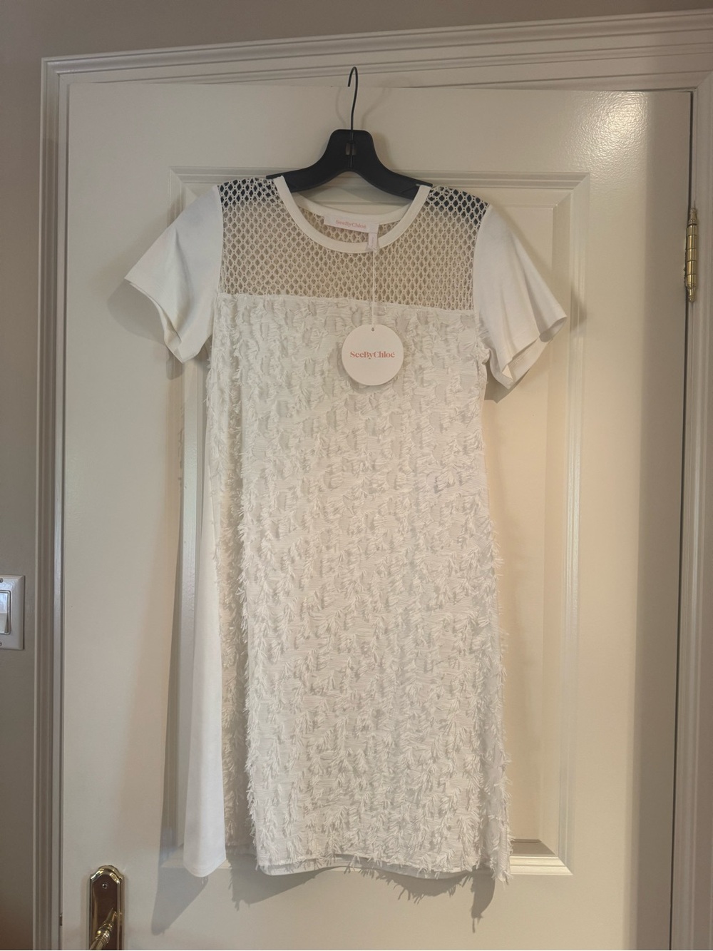 See by Chloé White Textured Mini Dress with Lace Yoke